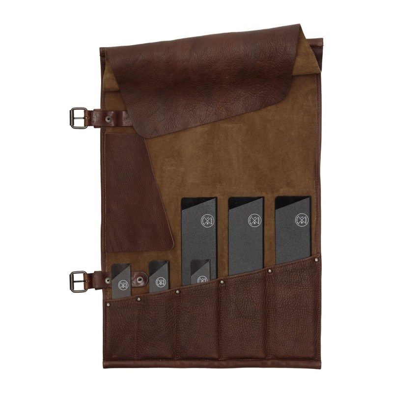 LEATHER KNIFE ROLL - 5 POCKETS WITLOFT (DARK BROWN/DARK BROWN)