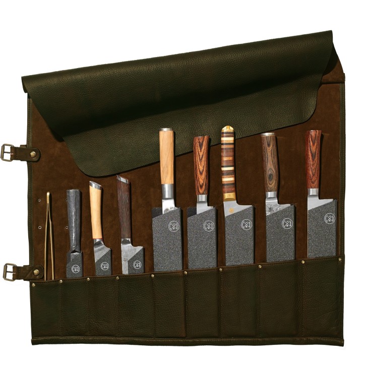 LEATHER KNIFE ROLL - 9 POCKETS WITLOFT (GREEN/COGNAC) LEATHER KNIFE ROLL - 9 POCKETS WITLOFT (GREEN/COGNAC)