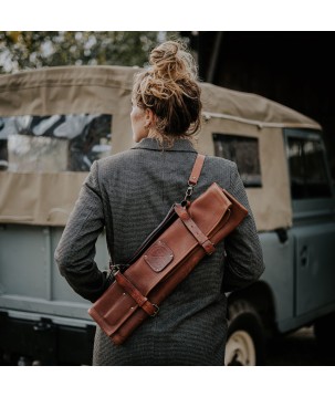 LEATHER KNIFE ROLL - 9 POCKETS WITLOFT (GREEN/COGNAC)