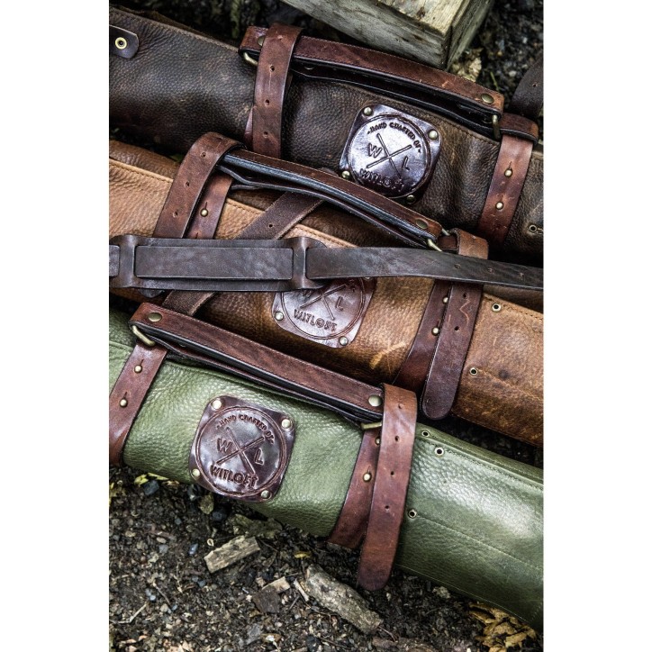 LEATHER KNIFE ROLL - 5 POCKETS WITLOFT (GREEN/COGNAC) LEATHER KNIFE ROLL - 5 POCKETS WITLOFT (GREEN/COGNAC)