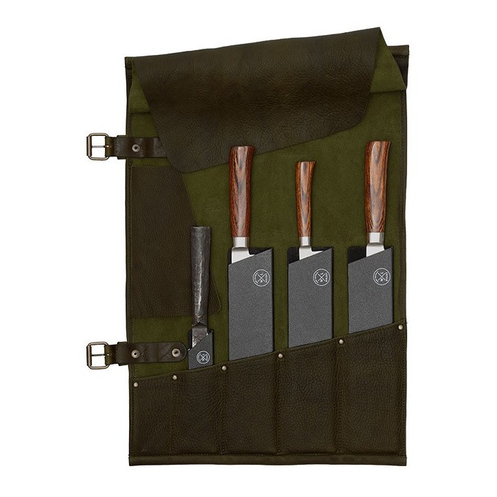 LEATHER KNIFE ROLL - 5 POCKETS WITLOFT (GREEN/COGNAC) LEATHER KNIFE ROLL - 5 POCKETS WITLOFT (GREEN/COGNAC)