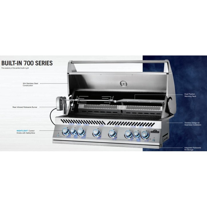 BARBACOA NAPOLEON SERIE 700 44'' CON QUEMADOR TRASERO INFRARROJO DUAL INOX EMPOTRADA - 110 cm